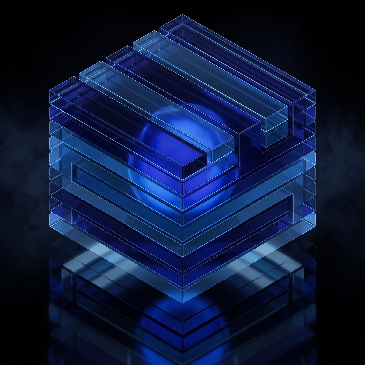 Glowing cobalt glass cube representing the four WebSynthiq marketing systems for service businesses